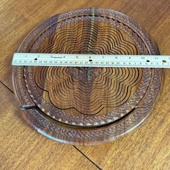 Vintage Hand Carved Rosewood Wooden Folding Basket Trivet with Handle - Picture 11 of 13